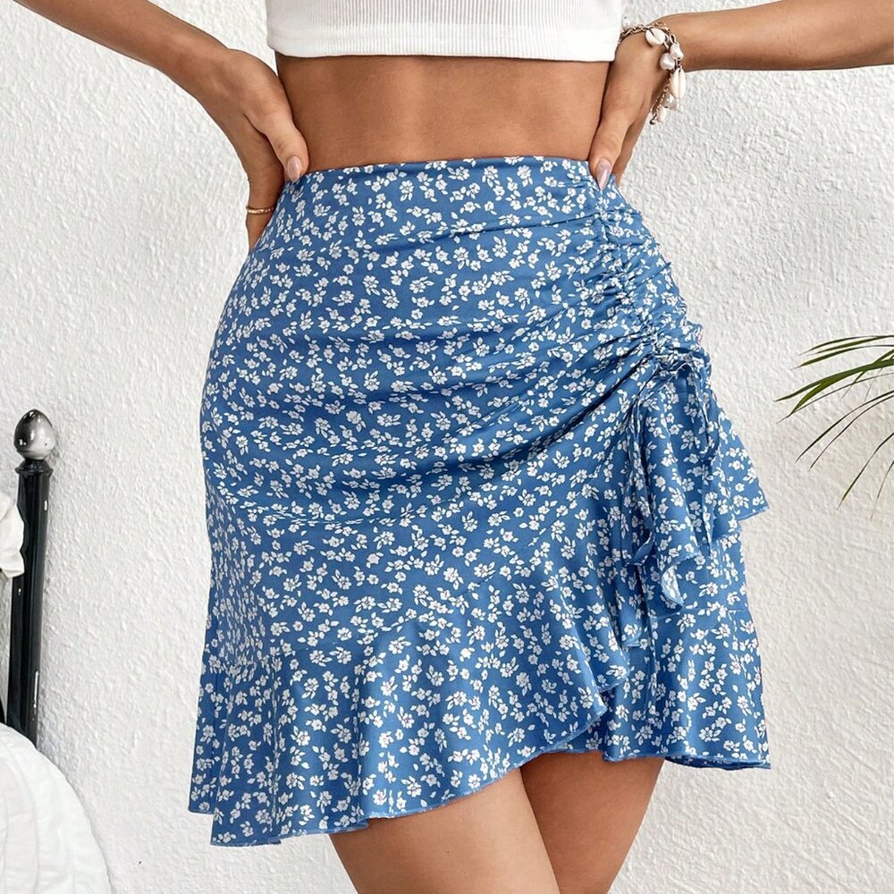 Boho Floral Skirt,Summer Skirt,Floral Print Drawstring Ruched Ruffle Hem Skirt